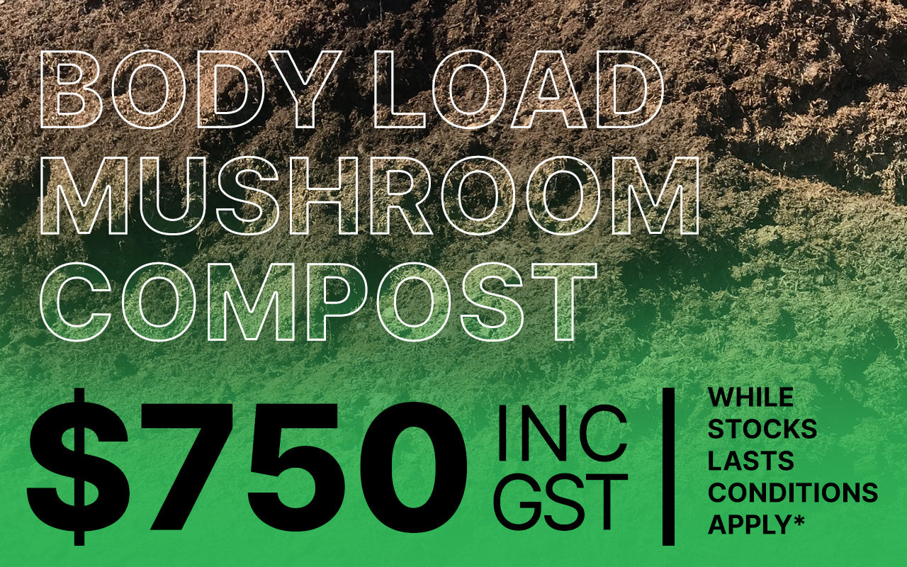 Advertisement for body load mushroom compost with price and conditions text on a green and brown gradient background.