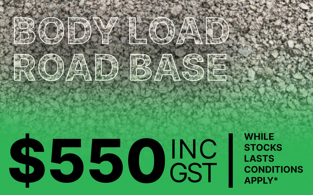 Advertisement for 'Body Load Road Base' with pricing and conditions text on a gradient background.