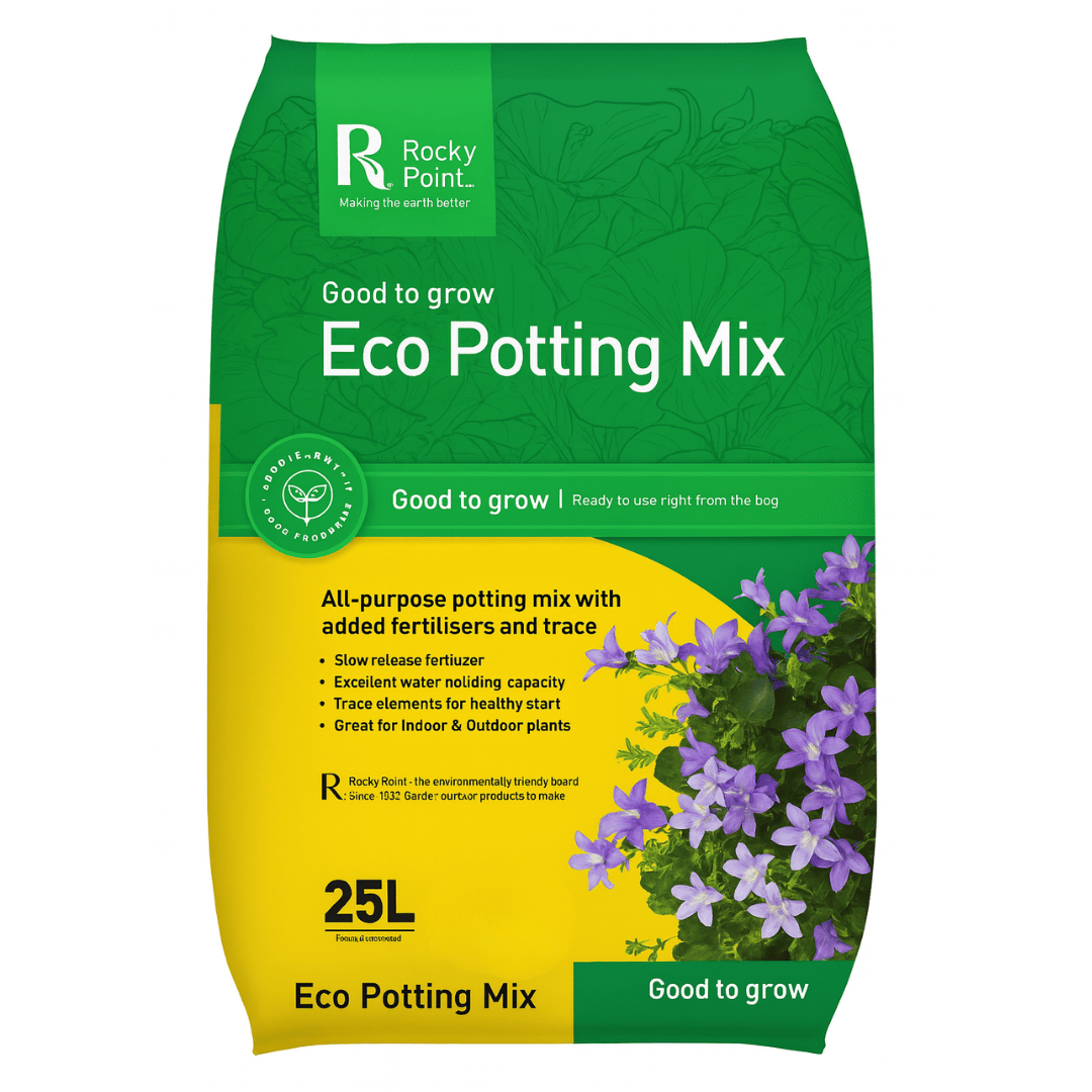 Bag of Rocky Point Eco Potting Mix with green and yellow design
