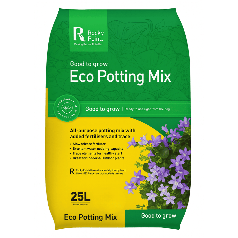 Bag of Rocky Point Eco Potting Mix with green and yellow design
